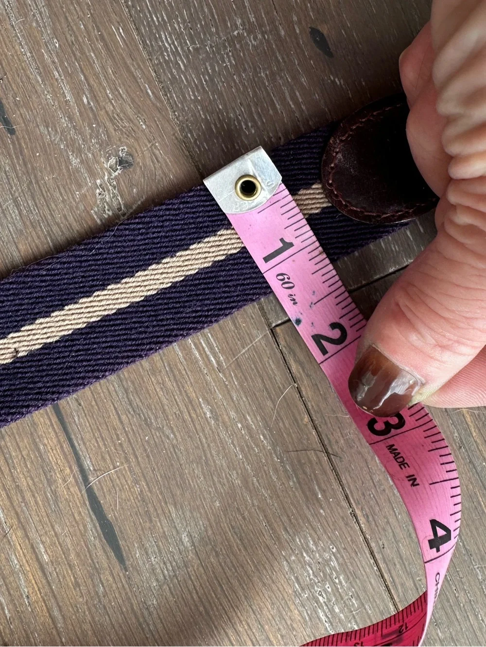 VTG Golf Belt Leather Trimmed Canvas Navy Blue Striped Brass 34